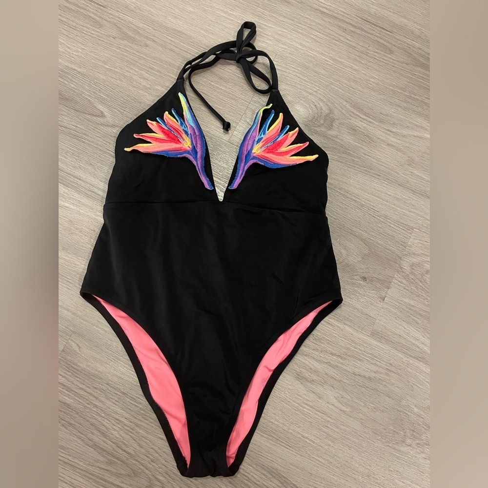 PINK Victoria’s Secret Black Embroidered Floral One Piece Bathing Suit.